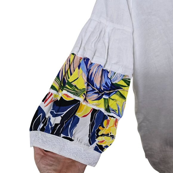 John Mark White Popover Linen Tunic 1X V-neck Blouson Sleeve Tropical Floral - Picture 4 of 12